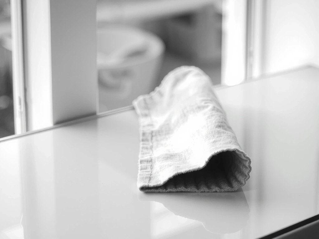 Superficie de vidrio limpia con paño de microfibra bajo luz natural